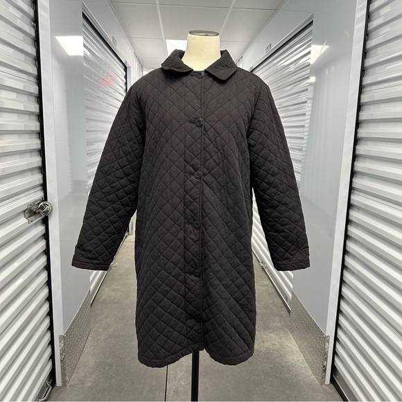 Vintage 90s LL Bean black quilted knee length jacket womens M - Picture 1 of 4